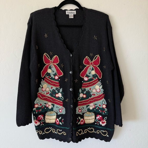 Vintage Carol Rose Embroidered Beaded Festive Scalloped Hem Christmas Cardigan - Picture 1 of 7